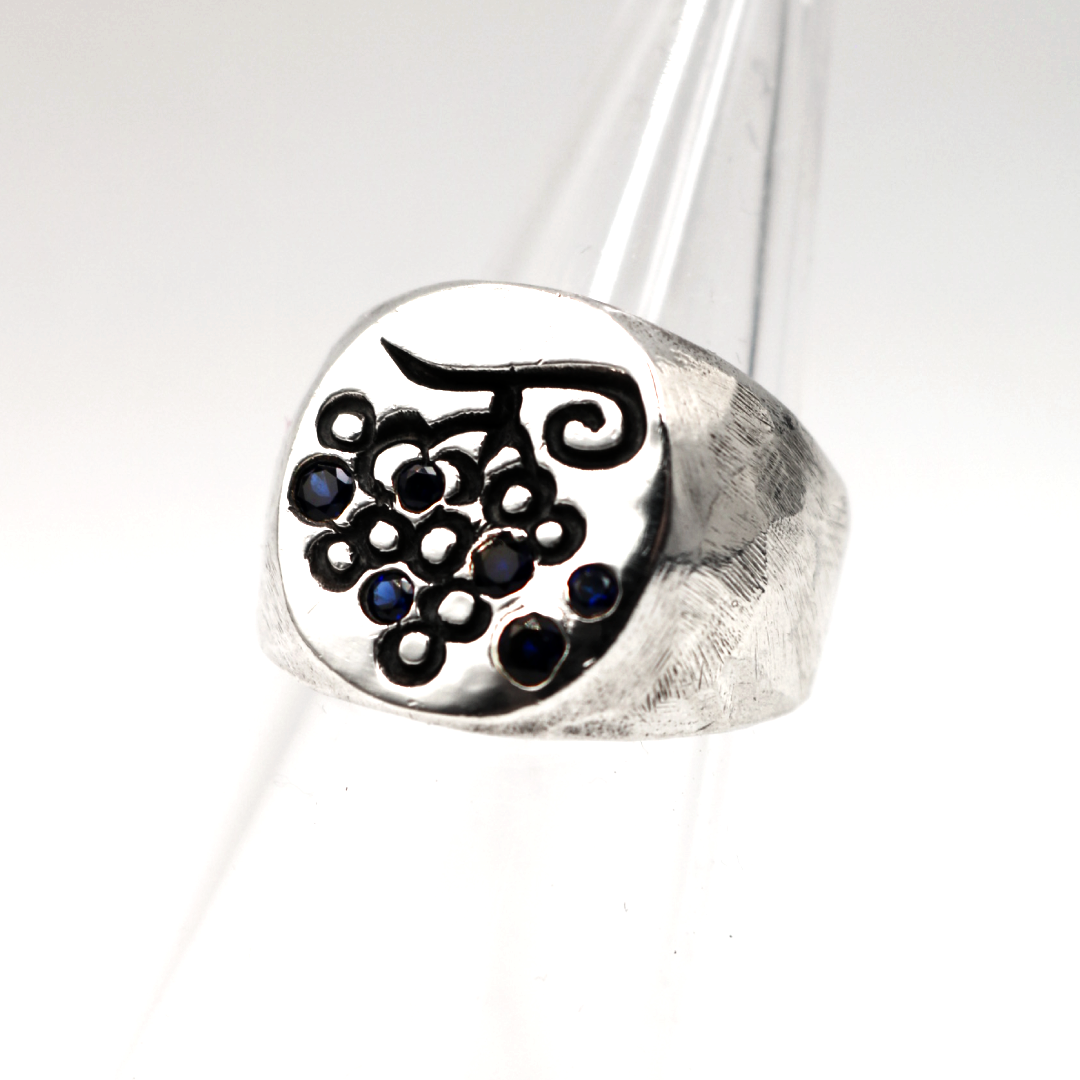 A silver signet ring with a textured band and a flat oval face featuring a black stylized symbol over a cluster of small dark blue stones, displayed on a clear glass cone against a white background.